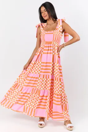Get The Check Pink and Orange Printed Checkered Maxi Dress,Daily Outfit