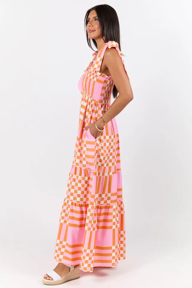 Get The Check Pink and Orange Printed Checkered Maxi Dress,Daily Outfit