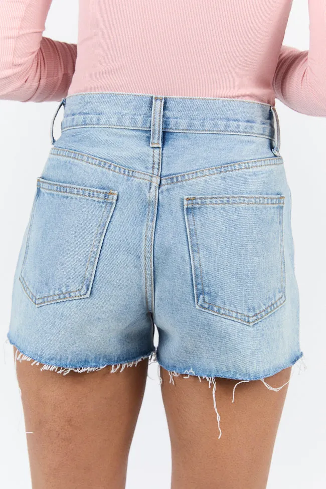 Give It A Go Light Wash Raw Hem Denim Shorts,Women Shorts