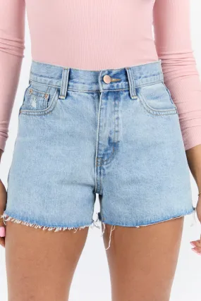 Give It A Go Light Wash Raw Hem Denim Shorts,Women Shorts