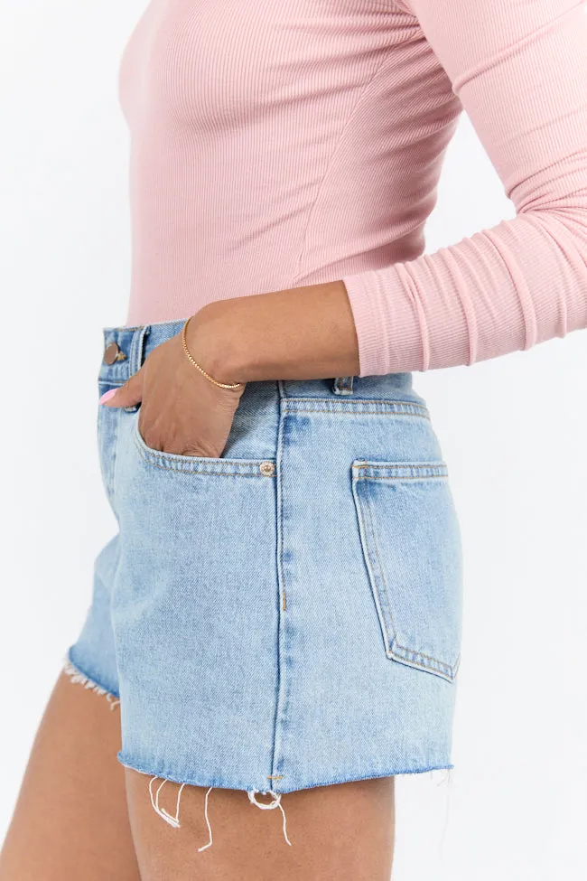 Give It A Go Light Wash Raw Hem Denim Shorts,Women Shorts