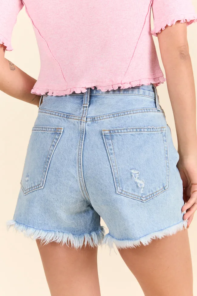 Good Starts Light Wash Distressed Denim Shorts,Women Shorts