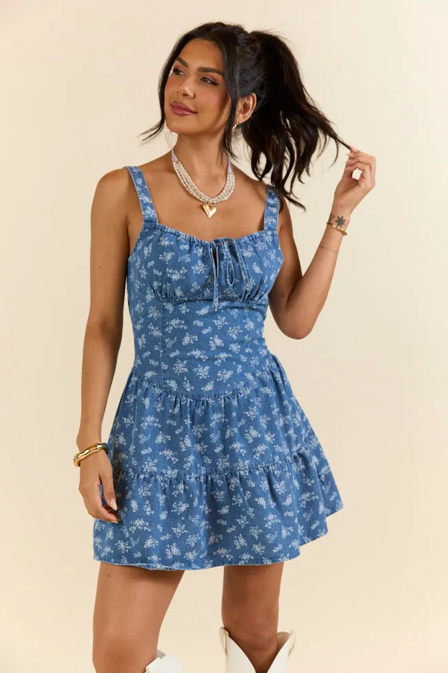 Harmonic Blooms Ditsy Floral Denim Mini Dress,Daily Outfit