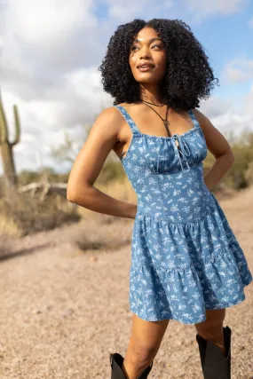Harmonic Blooms Ditsy Floral Denim Mini Dress,Daily Outfit