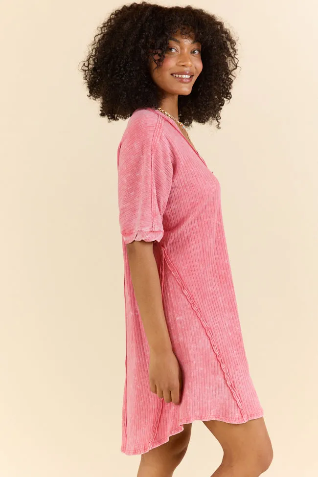 High Temperatures Hot Pink Acid Wash Knit Dress,Daily Outfit