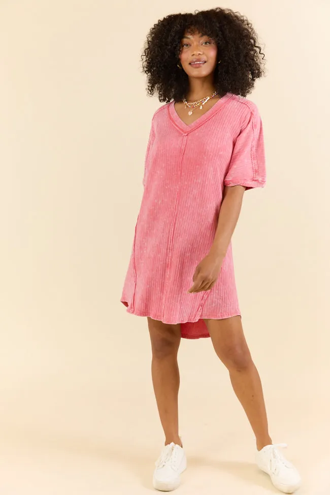 High Temperatures Hot Pink Acid Wash Knit Dress,Daily Outfit