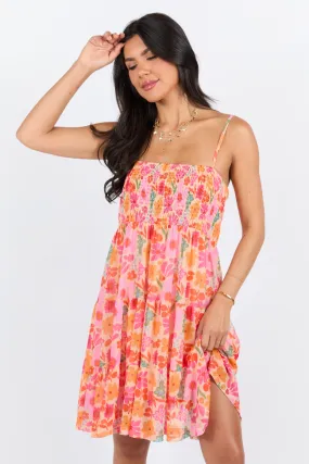 I Know A Place Orange And Pink Floral Smocked Mini Dress SALE,Daily Outfit
