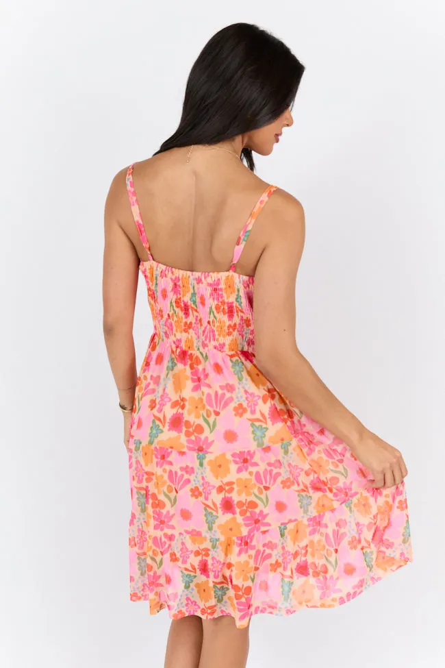 I Know A Place Orange And Pink Floral Smocked Mini Dress SALE,Daily Outfit