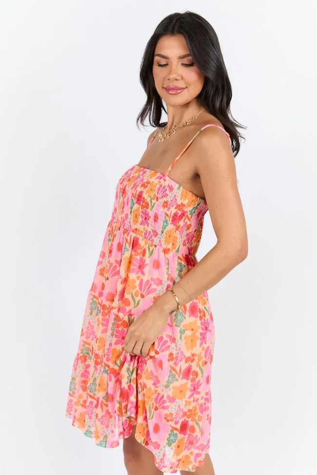 I Know A Place Orange And Pink Floral Smocked Mini Dress SALE,Daily Outfit