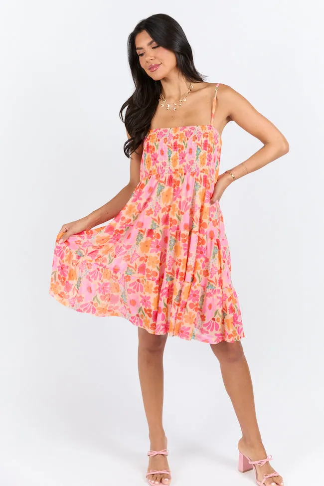 I Know A Place Orange And Pink Floral Smocked Mini Dress SALE,Daily Outfit