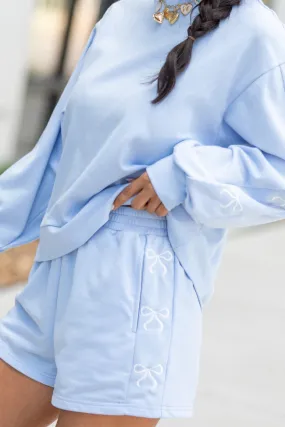 Just Imagine It Light Blue Bow Knit Shorts,Women Shorts