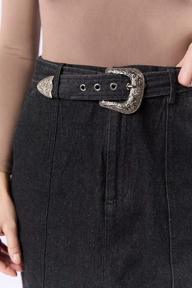 Just To See You Smile Black Western Belted Denim Skirt,Women Skirts Comfort
