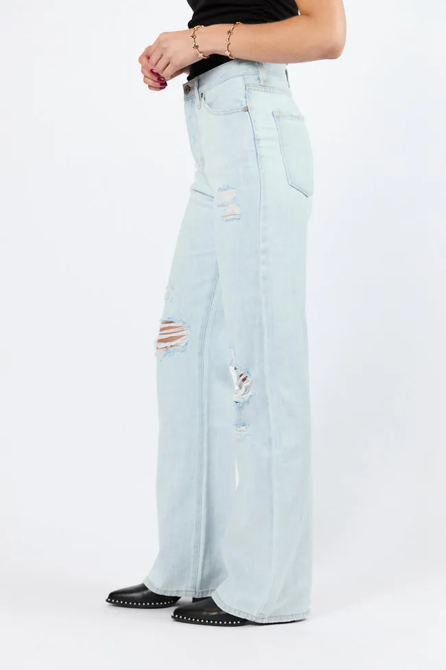Karter Light Wash Wide Leg Distressed 90's Flare Jeans,Women Pants