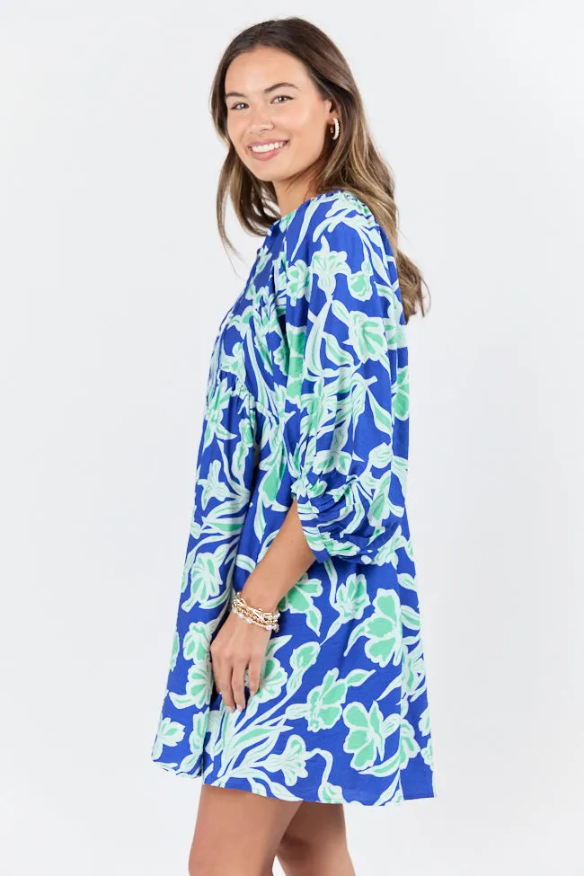 Keep The Flowers Blue and Green Floral Print Long Sleeve Mini Dress,Daily Outfit