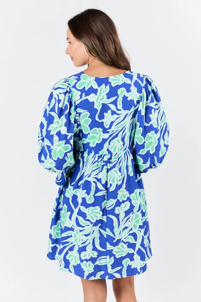 Keep The Flowers Blue and Green Floral Print Long Sleeve Mini Dress,Daily Outfit