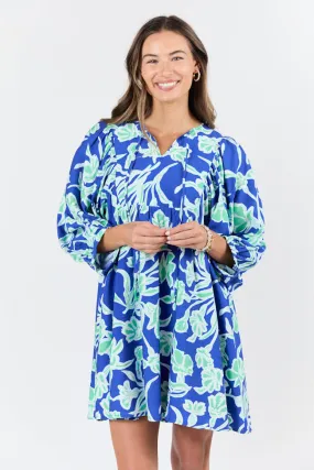 Keep The Flowers Blue and Green Floral Print Long Sleeve Mini Dress,Daily Outfit