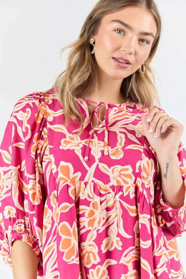 Keep The Flowers Fuchsia Floral Print Long Sleeve Mini Dress SALE,Daily Outfit