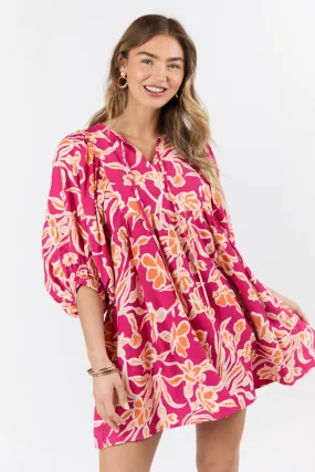 Keep The Flowers Fuchsia Floral Print Long Sleeve Mini Dress SALE,Daily Outfit