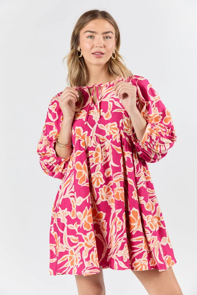 Keep The Flowers Fuchsia Floral Print Long Sleeve Mini Dress SALE,Daily Outfit