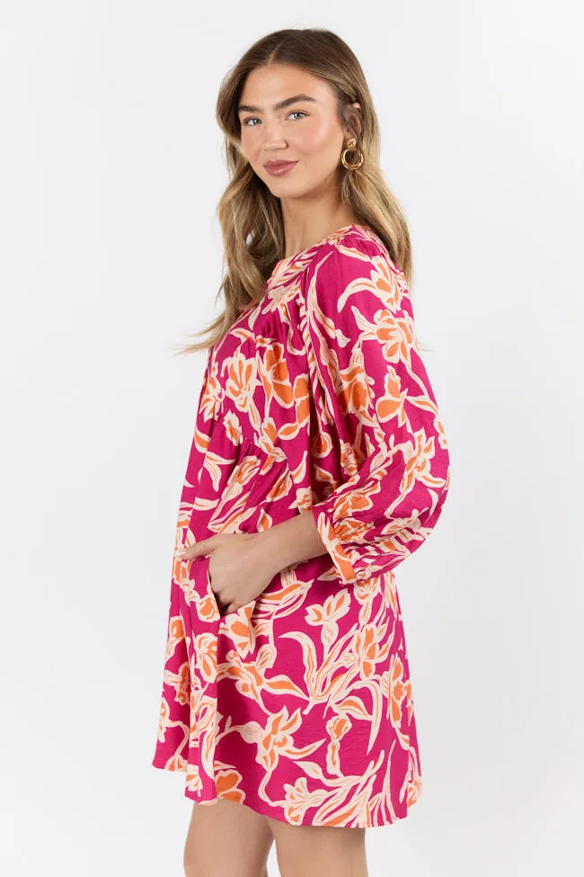 Keep The Flowers Fuchsia Floral Print Long Sleeve Mini Dress SALE,Daily Outfit