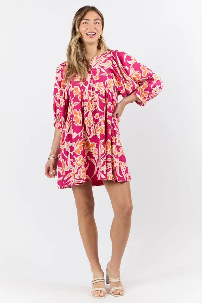 Keep The Flowers Fuchsia Floral Print Long Sleeve Mini Dress SALE,Daily Outfit