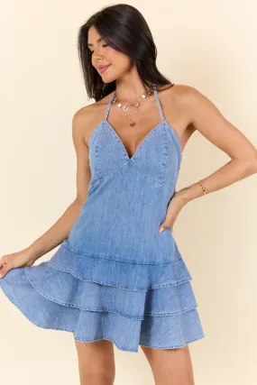 Keep The Tempo Denim Ruffle Dress,Daily Outfit