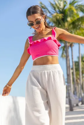 Let's Sea What Happens Pink Ruffle Detail Bikini Top SALE,Swimwear
