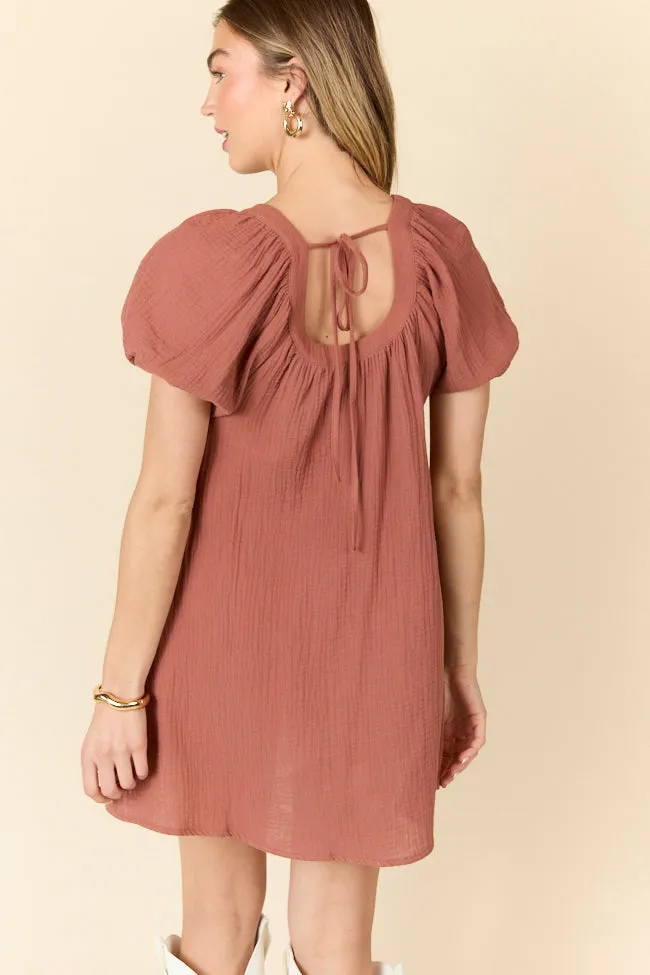 Life Of The Party Brown Gauze Short Sleeve Mini Dress SALE,Daily Outfit