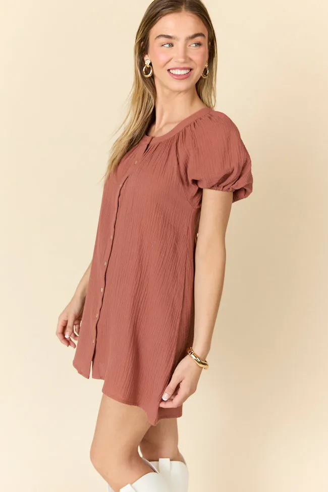 Life Of The Party Brown Gauze Short Sleeve Mini Dress SALE,Daily Outfit