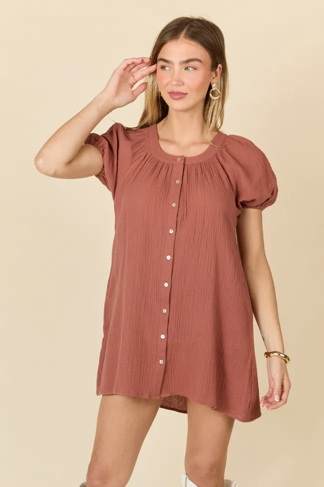 Life Of The Party Brown Gauze Short Sleeve Mini Dress SALE,Daily Outfit