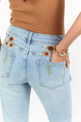 Lily Medium Wash Floral Embroidered Crop Relaxed Jeans,Women Pants