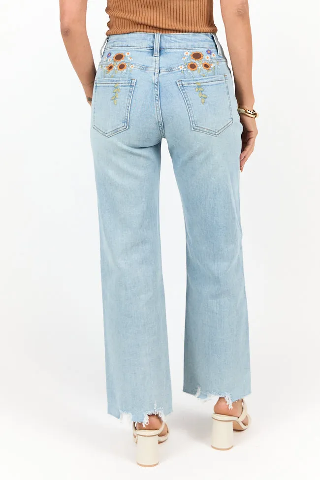 Lily Medium Wash Floral Embroidered Crop Relaxed Jeans,Women Pants