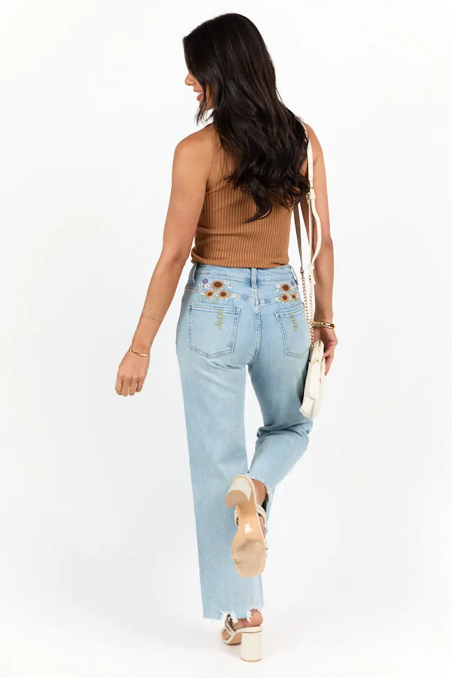 Lily Medium Wash Floral Embroidered Crop Relaxed Jeans,Women Pants