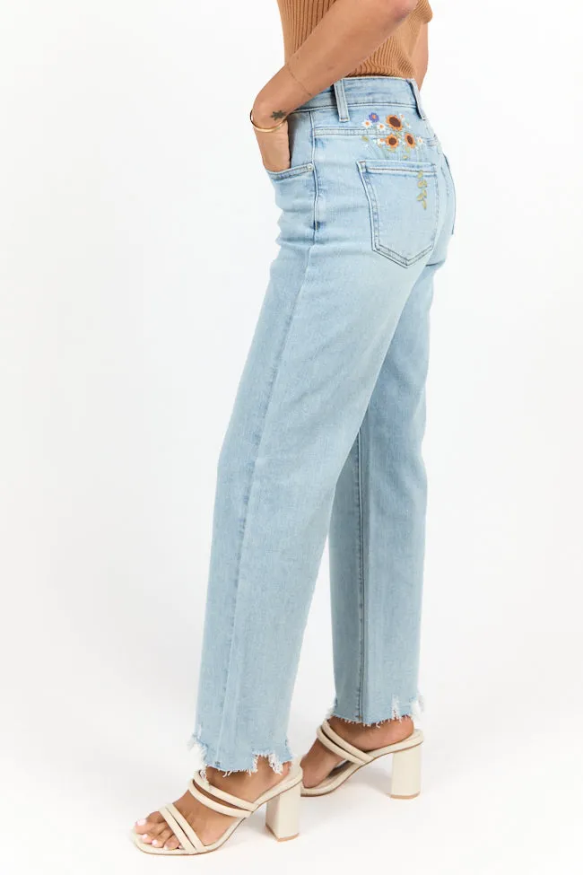 Lily Medium Wash Floral Embroidered Crop Relaxed Jeans,Women Pants