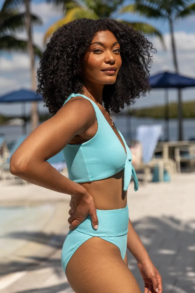 Living The Life Blue Front Tie Ribbed Bikini Top SALE,Swimwear