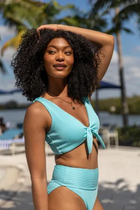 Living The Life Blue Front Tie Ribbed Bikini Top SALE,Swimwear