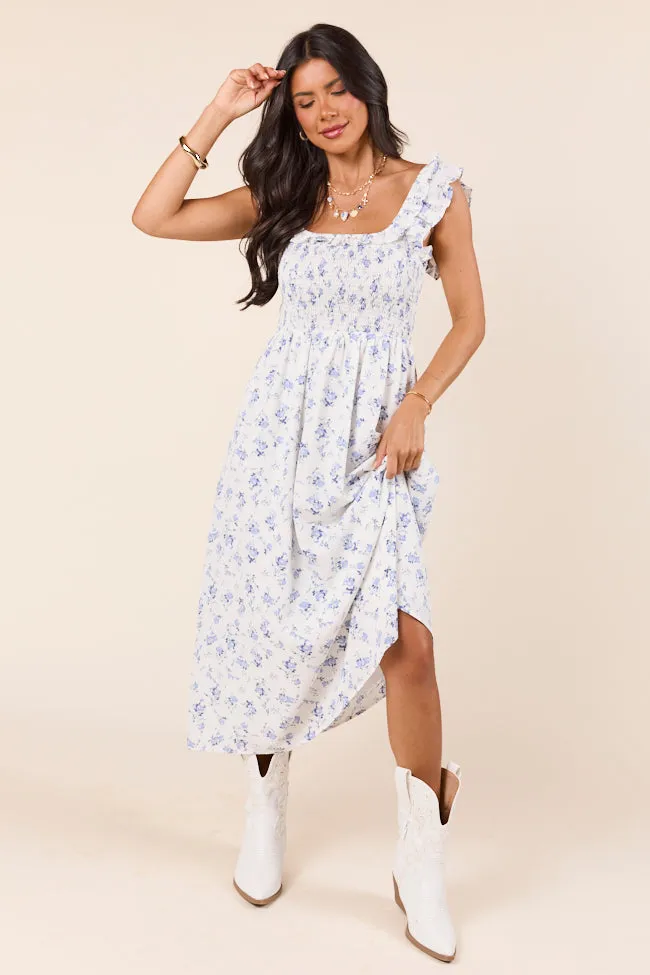 Lizzy Ruffle Smocked Top Blue Floral Maxi Dress,Daily Outfit