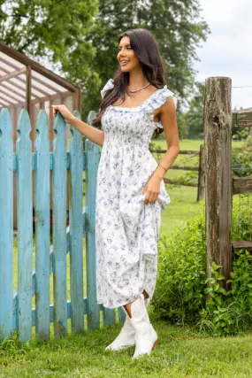 Lizzy Ruffle Smocked Top Blue Floral Maxi Dress,Daily Outfit