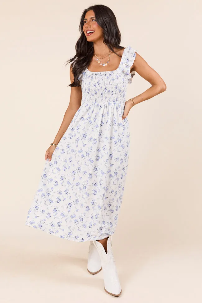 Lizzy Ruffle Smocked Top Blue Floral Maxi Dress,Daily Outfit