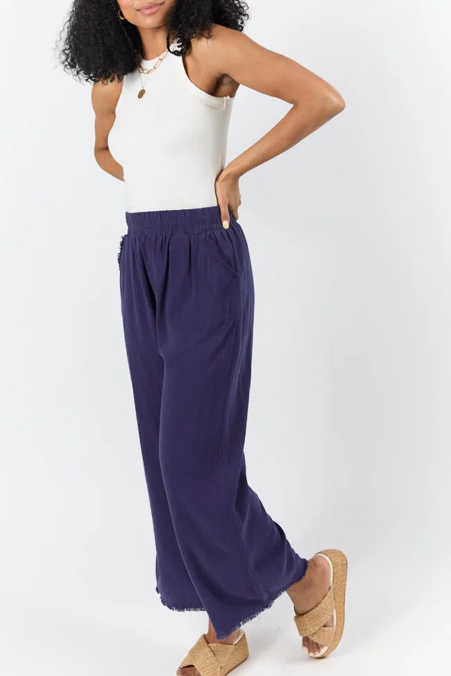 Look Your Best Navy Frayed Detail Ankle Length Pants,Women Pants