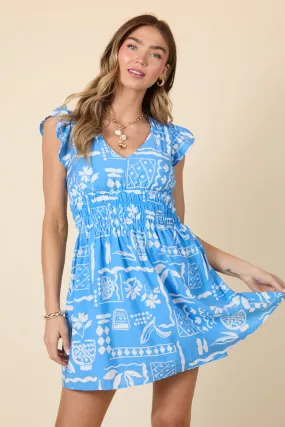 Low Tide Blue Icon Print Mini Dress,Daily Outfit
