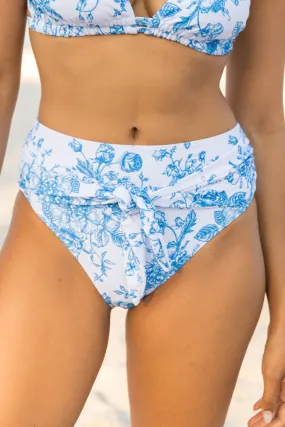 Marina Mood Blue and Ivory Vintage Floral Print Bikini Bottom,Swimwear
