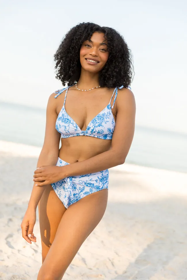 Marina Mood Blue and Ivory Vintage Floral Print Bikini Top,Swimwear