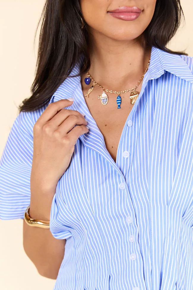 Meet Me In Athens Blue Stripe Cinched Waist Mini Dress,Daily Outfit