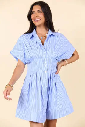 Meet Me In Athens Blue Stripe Cinched Waist Mini Dress,Daily Outfit