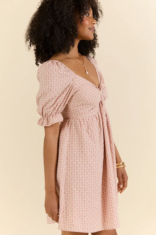 More Duets Dusty Pink Gingham Mini Dress,Daily Outfit
