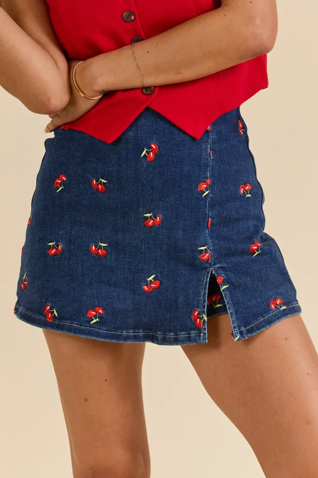 My Favorite Dark Wash Cherry Embroidered Side Slit Denim Skort,Women Skirts Comfort