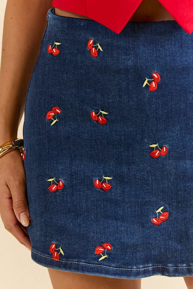 My Favorite Dark Wash Cherry Embroidered Side Slit Denim Skort,Women Skirts Comfort