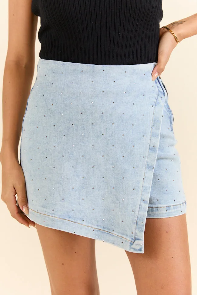 My Favorite Light Wash Rhinestone Studded Denim Skort,Women Skirts Comfort