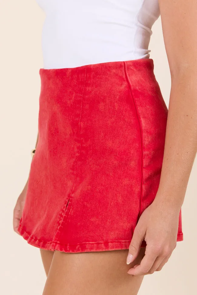 My Favorite Red Acid Wash Side Slit Denim Skort,Women Skirts Comfort